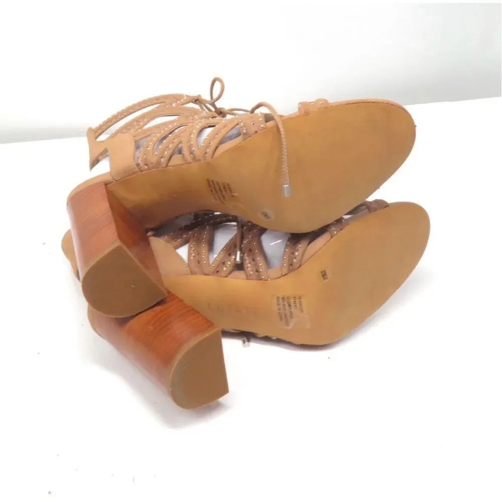 1 State Is Kayley Caged Brown Leather Sandals Studded Block Heel Laces Women 11